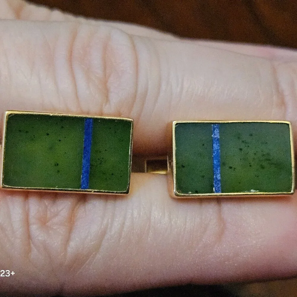 RARE DESIGNER VINTAGE GUMPS GREEN JADE JADEITE LAPIS LAZULI 14K GOLD CUFFLINKS